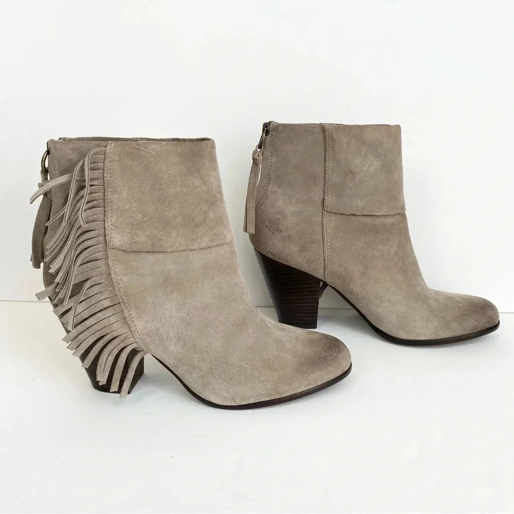ASH Stone Suede Leather QUICK‎ Pull On Fringe Stacked Heel Boots EU 38